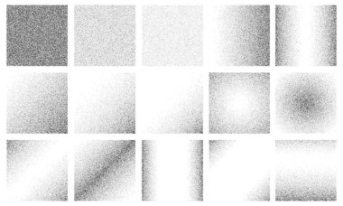 Kare gradyan gürültü tahıl vektör dokuları. Gürültü tanecikleri, grunge noktalama çalışması ya da noktalama efektiyle siyah beyaz noktalı, soyut kare şekiller. Noktalı yarım tonlu geometrik şekiller