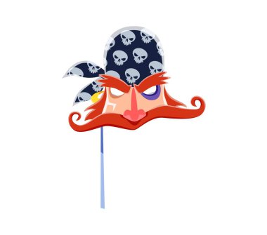 Korsan maskesi, karnaval fotoğraf kabini korsair denizci yüzü bandana, kafatası, çizgi film vektörü. Maskeli balo ya da karnaval fotoğraf kabini için korsan maskesi gözü, bıyığı ve küpesi morarmış korsan denizci.