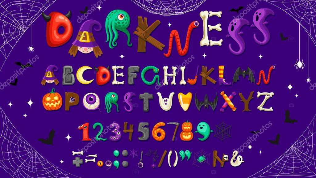 Cartoon Halloween font, holiday scary type with spooky typeface alphabet, vector English letters. Halloween holiday font of spooky characters in letters with boo ghost, witch and zombie in spiderweb