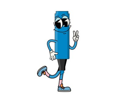 Çizgi film süper okulu kalıcı işaret karakteri. İzole vektör eğlenceli retro yazma aracı kisiligi bir barış işaretiyle oyuncu durus sergiliyor, egitim veya sanat için neşeli ve enerjik bir titreşim iletiyor