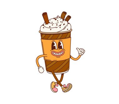 Eski moda kahve milkshake tatlı karakteri. Üzerinde krem şanti ve çikolata çubukları olan, büyük bir gülümseme ile izole edilmiş bir çizgi film vektör karton bardak kişiliği, baş parmağını kaldırıyor ve spor ayakkabı giyiyor.