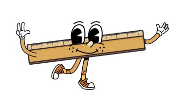 Çizgi film süper okul yönetmeni karakteri. İzole vektör neşeli ve komik retro kırtasiye malzemesi, gülen yüzlü cetvel ölçme aracı. Öğrencileri ölçmeye ve eğitmeye hazır neşeli bir okul insanı.