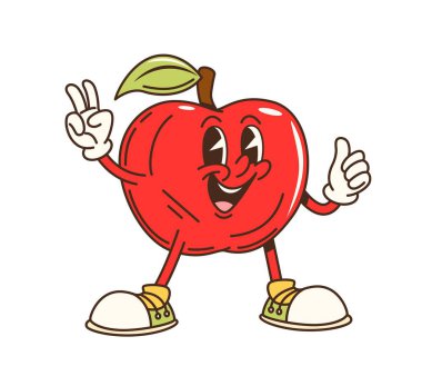 Çizgi film süper okul kırmızı elma karakteri. Neşeli, olgun, sağlıklı meyve kişiliği ifade eden gözleriyle gülümsüyor, barış işareti gösteriyor ve olumlu ve dostane bir hava veriyor.