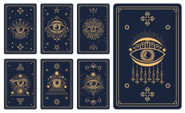 Ters güverteler için esrarengiz sembolleri olan sihirli tarot kartları, vektör mistik işaretleri. Tarot kartlarının arka planlarında güneş, ay ve yıldızın sihirli sembolleri mason piramitte göz ve altın çizgilerde beşgen var.