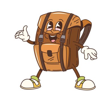 Çizgi film seyahat tipi bir sırt çantası karakteri. İzole vektör antropomorfik sırt çantası, turist ekipmanları maceraya hazır. Seyahat kampı ve turizm malzemesi, gülen yüzlü ve eski spor ayakkabılı.