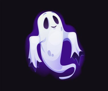 Karikatür cadılar bayramı hayalet karakteri, korkunç ürkütücü kişilik, korkunç kötü canavar. Komik vektör ruhu, gülümseyen hayalet ve neşeli ifade yüzen ve ürkütücü tatil sezonuna büyüleyici titreşimler ekleyen.