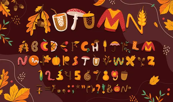 stock vector Thanksgiving font of cartoon fall autumn type for kids English alphabet, vector ABC letters. Thanksgiving holiday font letters in shape of pumpkin and rye, apple and autumn fall oak leaf with mushroom