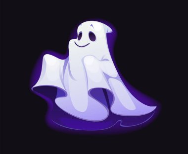 Karikatür cadılar bayramı hayalet karakteri, korkunç ürkütücü kişilik, korkunç kötü canavarlar. Sevimli vektör hayaleti, dost canlısı bir gülümseme, neşeli bir hayalet, beyaz ve yumuşak mor parıltıyla tatil gecesinde geziniyor.