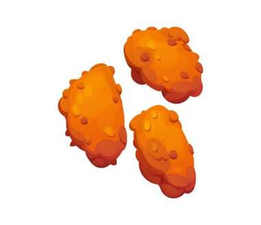 Çizgi filmdeki tavuk nugget fast food atıştırmalıkları ve çıtır altın sarısı kaplama. İzole edilmiş vektör mükemmel kızarmış kümes hayvanları, dışı çıtır çıtır ve içi hassas. Sokak restoranı atıştırması ya da yemek.