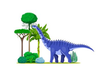 Karikatür tarih öncesi hipselosaurus dinozor karakteri. Geç Kretase döneminden kalma titanosaurian Sauropod dino hayvanının izole vektör cinsi yeşil ağaçlarla dolu bereketli bir çevrede duruyor.