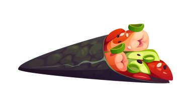 Temaki çizgi filmi Japon suşisi, taze malzemelerle el yapımı rulo. İzole edilmiş vektör renginde, içi pirinç, taze karides, salatalık, avokado ve yeşil soğanla doldurulmuş deniz yosunu.