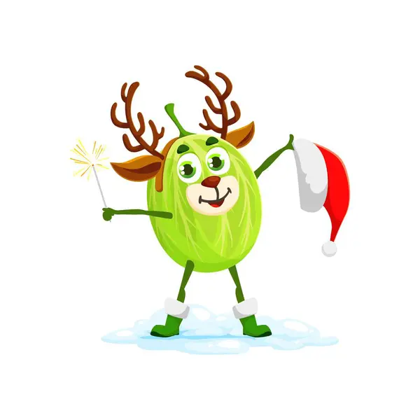 Stock vector Cartoon Christmas gooseberry berry character with Santa hat, sparkler and deer horns. Isolated vector personage wearing reindeer antlers radiating joy and celebration, creates a merry holiday ambiance