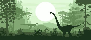 Orman manzarasında tarih öncesi dinozorların siluetleri. Jurasik çağların vektör gölge sahnesi, dinozor hayvanları ve palmiye ağaçları ve eğrelti otları büyük bir güneşin altında yeşil arka planda.