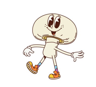 Mantar mantarı sebze retro karakteri. İzole edilmiş çizgi film vektörü, neşeli şampiyon mantar mantarı kişiliği, anlamlı gözleri, turuncu ayakkabıları var, mutlu ve rahat bir tavırla yürüyor.