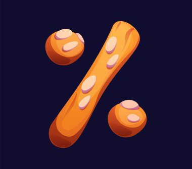 Çizgi film yüzde işareti taze pişmiş baget ve çörek gibi. Şeker ve şekerleme alfabesi, tatlı yazı tipi, yazı tipi, kurabiye tipi. İzole edilmiş vektör yüzde tipografi sembolü veya pasta ya da ekmek olarak kabartma şekli