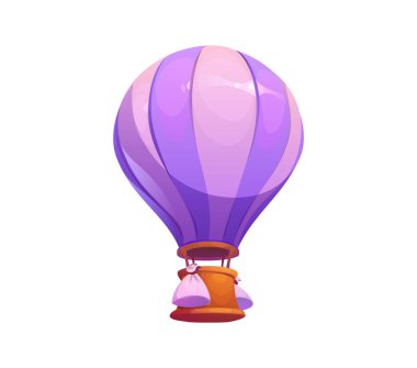 İçinde sepet ve çuvallar olan lavanta renkli bir balon. Macera, gezi, yolculuk ve seyahat öneriyor. İzole edilmiş mor ya da pembe hava sıcak balon taşımacılığı, eski model yüzen hava nakliyesi