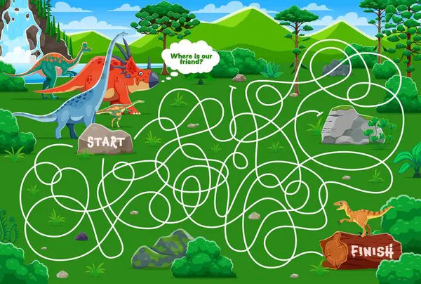 stock vector Kids labyrinth maze game to help prehistoric dinosaurs to find their friend, vector worksheet. Kids game labyrinth maze with path for dinosaurs to find way to dino character in Jurassic park forest