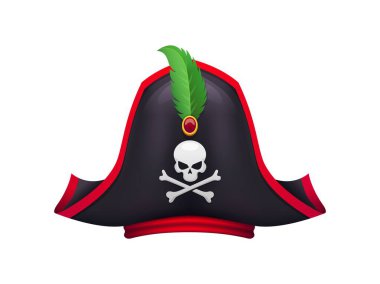 Karikatür korsan şapkası, korsan kaptan tricorn. Vektör şapkalı, yeşil tüylü denizci başlıklı, neşeli Roger kafatası ve çapraz çizgili. İzole korsan başlığı, denizci, korsan kostümü.