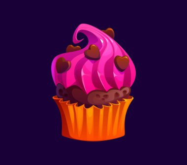 Karikatür sevgililer günü pastası. Zengin pembe şekerli ve çikolata kalpli süslemelerle süslenmiş. Şekerlemeler, pastalar, sevgililer günü çörekleri turuncu bir ambalajda duruyor.