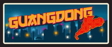 Guangdong province of China, Canton or Kwangtung region. Vector travel plate, vintage sign, retro postcard design. Chinese territory map and silhouette of downtown skyscraper architecture clipart