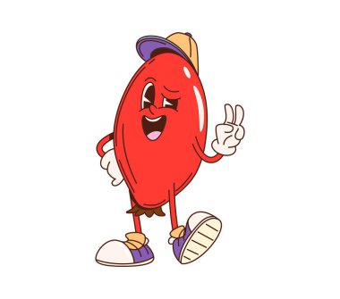 Geçmişe dönük, güllük gülistanlık çilek karakteri. İzole edilmiş karikatür vektörü kırmızı gül kalça böğürtlen kişiliği, kep ve spor ayakkabı giyerek, muzip bir gülümsemeyle barış işareti vererek, rahatlatıcı titreşimler yayarak