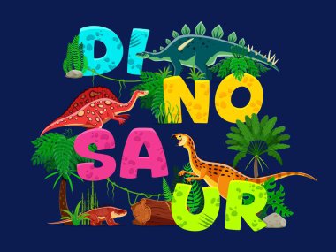 Cartoon prehistoric dinosaurs. Vector eye-catching t-shirt print or typography featuring funny dino animal species at dark blue background with colorful playful letters, palm trees, ferns and logs clipart