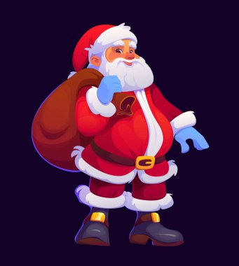 Çizgi filmdeki Noel Baba karakteri, geleneksel kırmızı takım elbisesi ve şapkasıyla büyük bir çuval hediye taşıyor, etrafa neşe saçıyor, mevsimsel selamlar ve tatil ruhu yayıyor. Vektör aziz Noel şenlik kişiliği