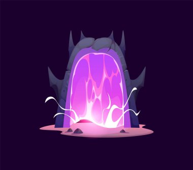 Fantezi oyunu sihirli kapı, büyücülük oyunu varlığı. Çizgi film vektörü zaman yolculuğu ışınlanma kapısı parlak mor plazma enerjisi ve keskin dikenli koyu taş kemerlerle kaplı büyülü dalları ile