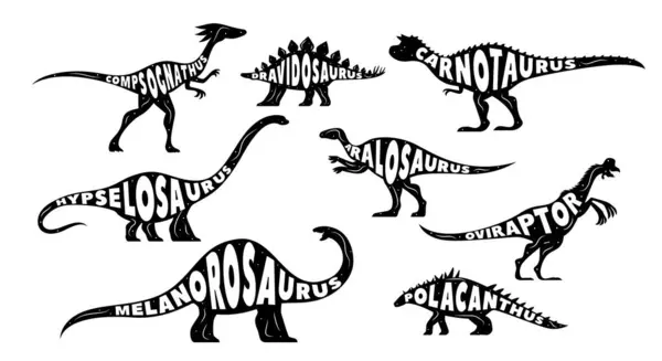 stock vector Dinosaurs silhouettes with lettering, Jurassic era lizards and dino characters, cartoon vector. Prehistoric dinosaurs species of dravidosaurus, carnotaurus and melanosaurus and oviraptor silhouettes