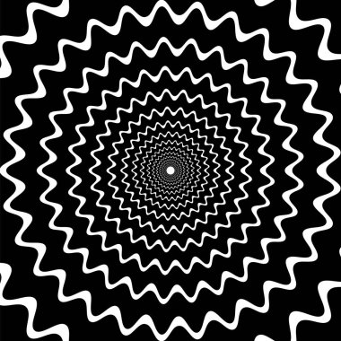 Psikedelik hipnotik spiral desen, hipnoz girdabı. Özmerkezli dalgalı çizgileri olan siyah-beyaz vektör arkaplanı tünel benzeri bir etki ya da garip görsel deneyim yaratır. Hipnotik monokrom girdabı