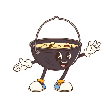 Çizgi film turist bowling karakteri. Retro seyahat kampı ve turizm kazanı kişiliği. İzole vektör antropomorfik tencere çorba, spor ayakkabı ve eldiven ile neşeli bir şekilde el sallıyor.