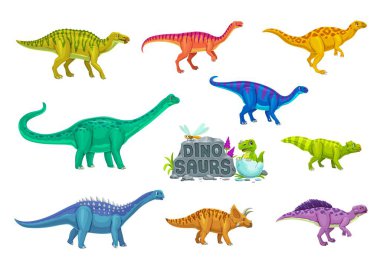 Jurasik dinazor hayvanların çizgi filmdeki dinozor karakterleri. Yumurtadan çıkan komik bebek dinozor vektör kişiliği ve tatlı psittacosaurus, ampelosaurus, shantungosaurus ve antarctosaurus dino karakterleri.