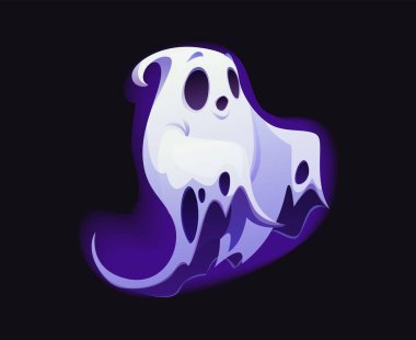 Cadılar Bayramı çizgi filmi hayalet karakteri ya da korkunç ürkütücü bir cüce şahsiyet, vektör canavar. Cadılar Bayramı 'nda korkunç yüzüyle uçan kötü ruh ya da kötü ruh Cadılar Bayramı' nda şaka mı şeker mi partisi emojisi.