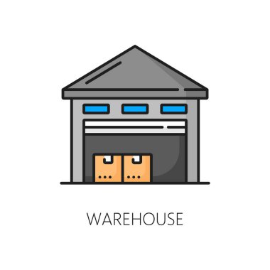 Vektör lojistiği, depolama, kargo vagonu, teslimat ve nakliye servisinin renk depolama simgesi. Depo, depo ya da ambar inşaatı kutular, paketler ya da konteynırlar ana hatlarıyla sembol