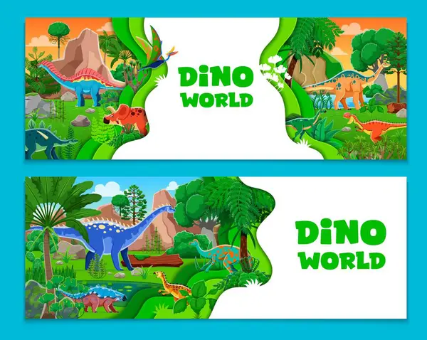 stock vector Paper cut banners with prehistoric dinosaur characters. Cartoon dino animals in a tropical jungle forest Jurassic era landscape with trees and vivid nature inside of 3d vector layered papercut frames