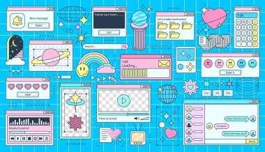 Retro Y2K bilgisayar pencereleri PC masaüstü arayüzü, vektör karikatür arkaplanı. Dosya dizininin Y2K tasarımına sahip bilgisayar pencereleri, İnternet tarayıcısı, yükleme çubuğu ve gülümseme etiketleri olan oyuncu