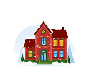 Noel Kışlık Evi dış görünüşü. Issız bir vektör kulübesi, ışıldayan ışıklar, karla kaplı bir çatı, ve karlı harikalar diyarında sıcaklık ve tatil neşesi yayan bir çelenk.