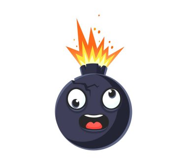 Patlamada çılgın suratlı çizgi film bomba karakteri, vektör emojisi. Komik çizgi roman bombası ya da top güllesi ve TNT dinamit patlayıcı top karakteri.