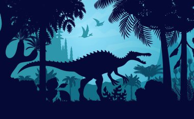 Spinosaurus dinazor silueti gece sis ormanında, tarih öncesi orman doğası manzara vektör arka planı. Spinosaurus dinozoru, dimorfodon ve tapejara dinazor hayvanları, ağaç ve bitki siluetleri
