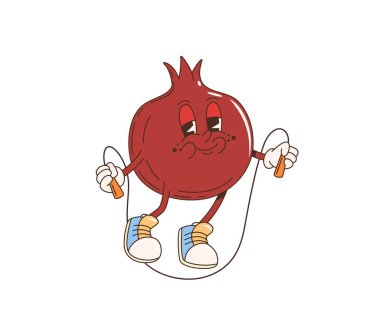 Retro çizgi film, harika nar, ip atlayan meyve karakteri. Ayrı bir vektör, şakacı taşlı meyve sağlıklı sporcu kişiliği dışavurumcu yüzünü ve spor ayakkabılarını sergiliyor ve neşeyle zıplıyor.