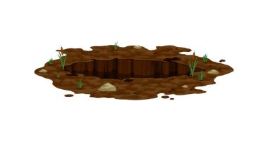 Kirli çukur ve oyuk, doğal bir manzaranın ortasındaki derin zemin çukuru. Dağılmış taşlarla izole edilmiş karikatür vektör boşluğu, filizlenen çimenler ve yeraltı yaşam alanlarının gizemlerini çağrıştıran desenli toprak.