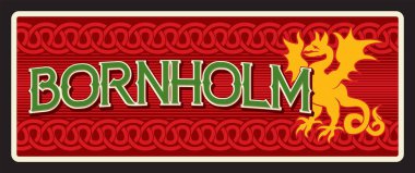 Danimarka topraklarında, Danimarka 'da Bornholm Adası hatıra plaketi. Vektör seyahat plakası, klasik tabela, retro kart tasarımı. Eski armalı ve İskandinav süslemeli turist kartı