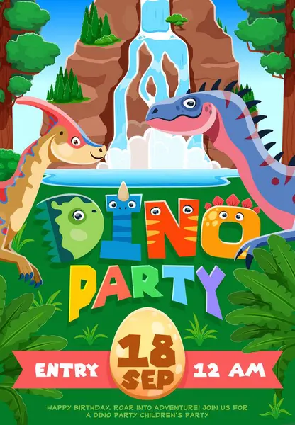 stock vector Kids dino or birthday party flyer, funny prehistoric dinosaurs near waterfall. Vector holiday invitation poster template with cartoon reptiles at Jurassic era landscape welcoming children to the event