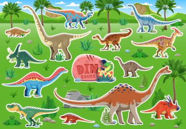 Dinozor çıkartmaları, jurasik doğa manzarası arka planında sevimli dino hayvanlar. Komik tarih öncesi dinozorlar ve yumurtalı bebek dinozor. Allosaurus, Styracosaurus ve iguanodon çıkartmaları