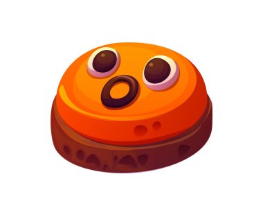 Çizgi film Cadılar Bayramı tatlıları ve tatlı. Çocuklara şeker ya da şaka partisi için bağıran izole vektör kurabiyesi. Ürkütücü gözleri, ağzı, turuncu jölesi, çocuklar için korkunç bir pastane.