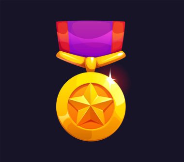Çizgi film altın madalyası ödülünün merkezinde parlak bir yıldız, parlak bir yüzey ve renkli bir kurdeleye iliştirilmiş kıvılcımlar bulunur. İzole vektör rütbesi rozeti, oyun değeri, ödül, kazanan ödül