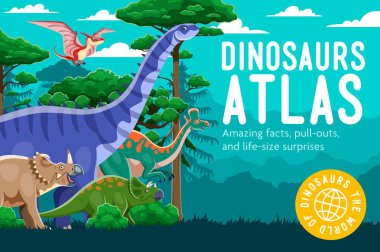 Atlas kitabı kapağı ya da ansiklopedi, vektör arkaplan için karikatür öncesi dinozor karakterleri. Dinozor dünyası atlas kitap kapağı Jurassic kertenkeleleri, dino kuşları ve ormandaki tarih öncesi dinozorlarla dolu.