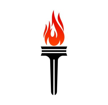 Meşale alev ikonu. Zafer ve özgürlük, özgürlük ve şampiyon ateşi. İzole vektör amblemi siyah bir meşale sapında kırmızı alev içeriyor, zaferi, başarıyı, gücü, başarıyı ve liderliği simgeliyor.