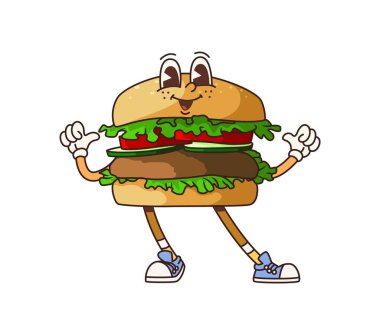 Harika bir fast food burger karakteri. Çizgi film karakteri kendini işaret ediyor. İzole edilmiş vektör enerjili, geniş gülüşlü lezzetli fast food burgeri 60 'lar ya da 70' lerin retro titreşimleri yayar.