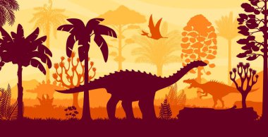 Tropikal orman ormanlarında tarih öncesi dinozorlar siluetleri ve canlı sarı gökyüzü. Yeşillik bitki örtüsü ve gezgin dino hayvanlarıyla Jurasik dönem manzarası. Antik vahşi yaşamın canlı tasviri